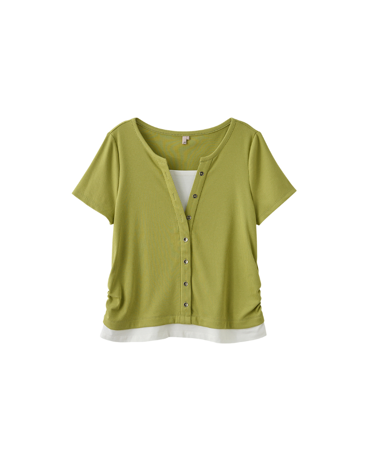 DENOVO輕膚坑條假兩件短袖上衣