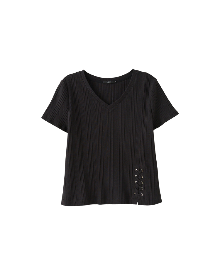 DENOVO側雞眼綁帶造型坑條V領T恤